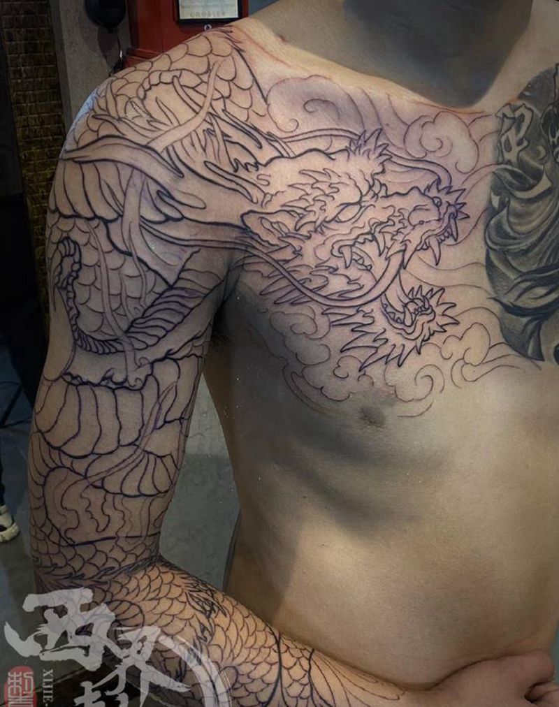 传统龙花臂半甲纹身图片_胸部手臂新传统老传统纹身图案