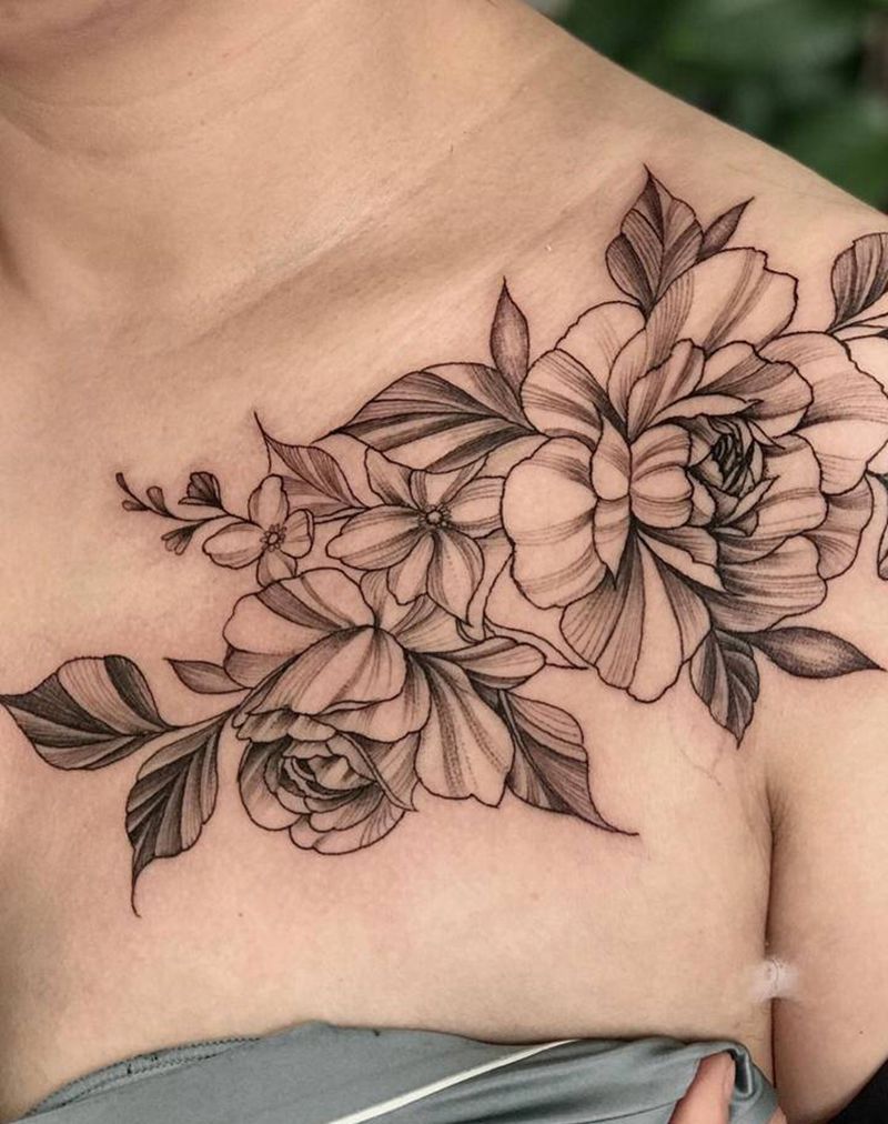 素花纹身图片_肩部新传统纹身图案