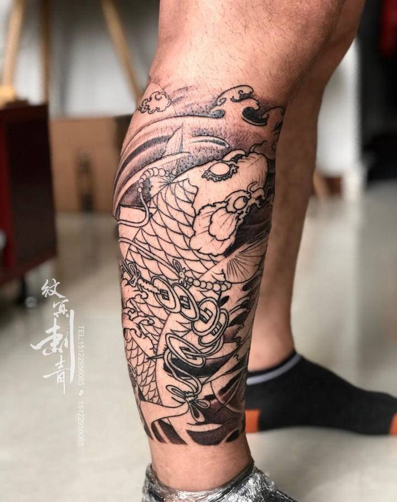 包小腿未完成纹身图片_腿部新传统纹身图案