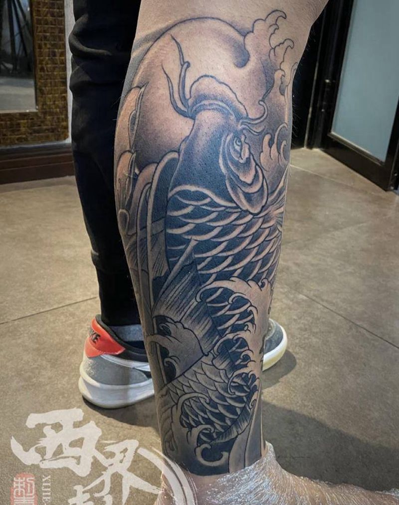 传统鲤鱼包小腿纹身图片_腿部脚部新传统老传统纹身图案