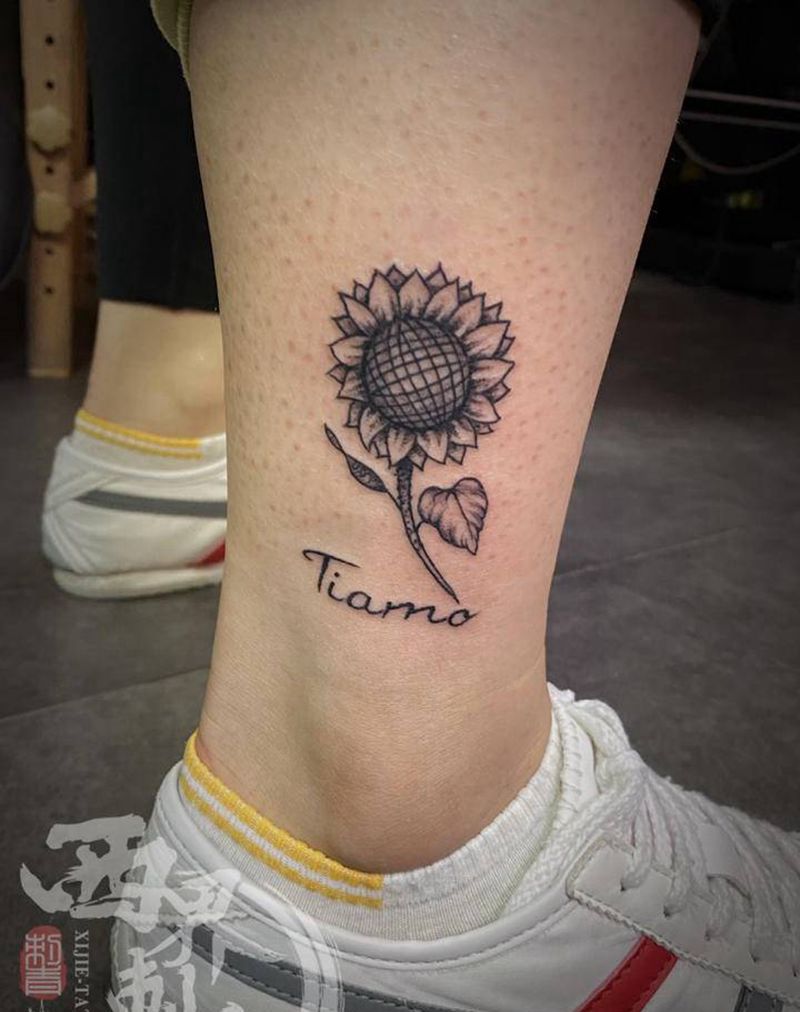 脚踝向日葵小清新纹身图片_腿部点刺小清新纹身图案