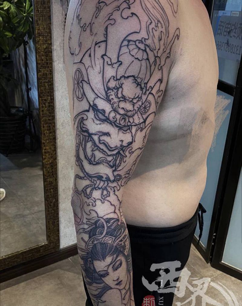 鬼武士花臂纹身图片_手臂新传统老传统纹身图案