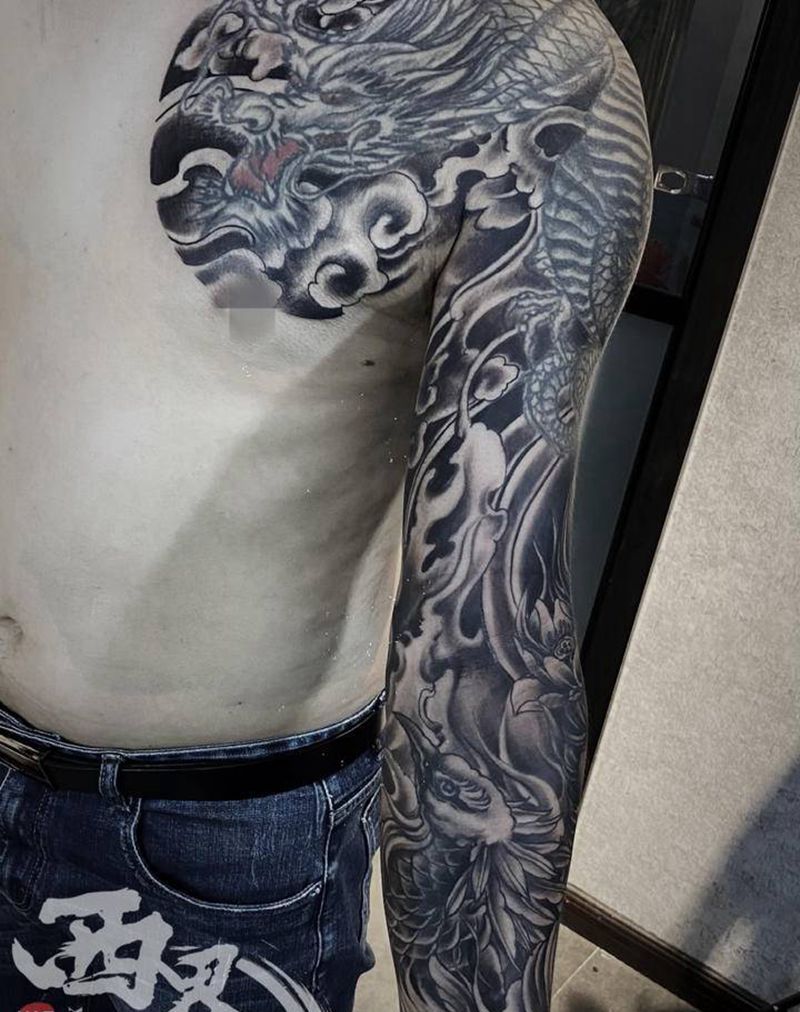 传统花臂半甲明王凤凰纹身图片_胸部手臂新传统老传统纹身图案
