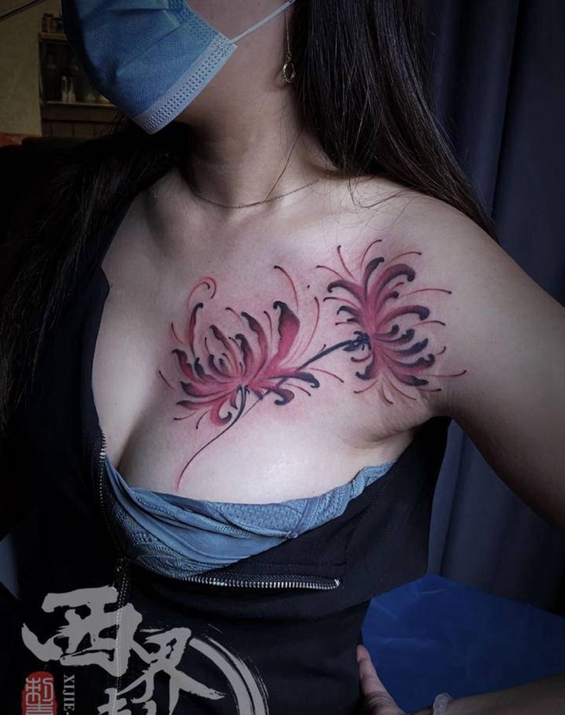 胸前锁骨彼岸花纹身图片_肩部胸部水墨水彩纹身图案
