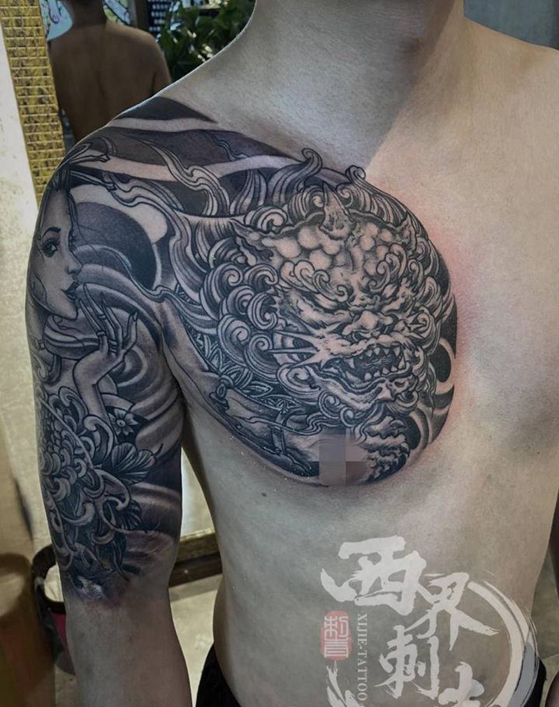 传统唐狮艺妓半甲纹身图片_手臂胸部新传统老传统纹身图案