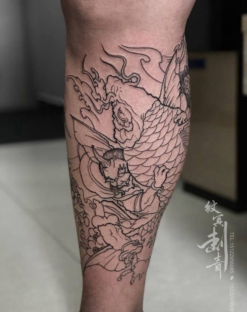 小腿鱼线条纹身图片_腿部老传统纹身图案