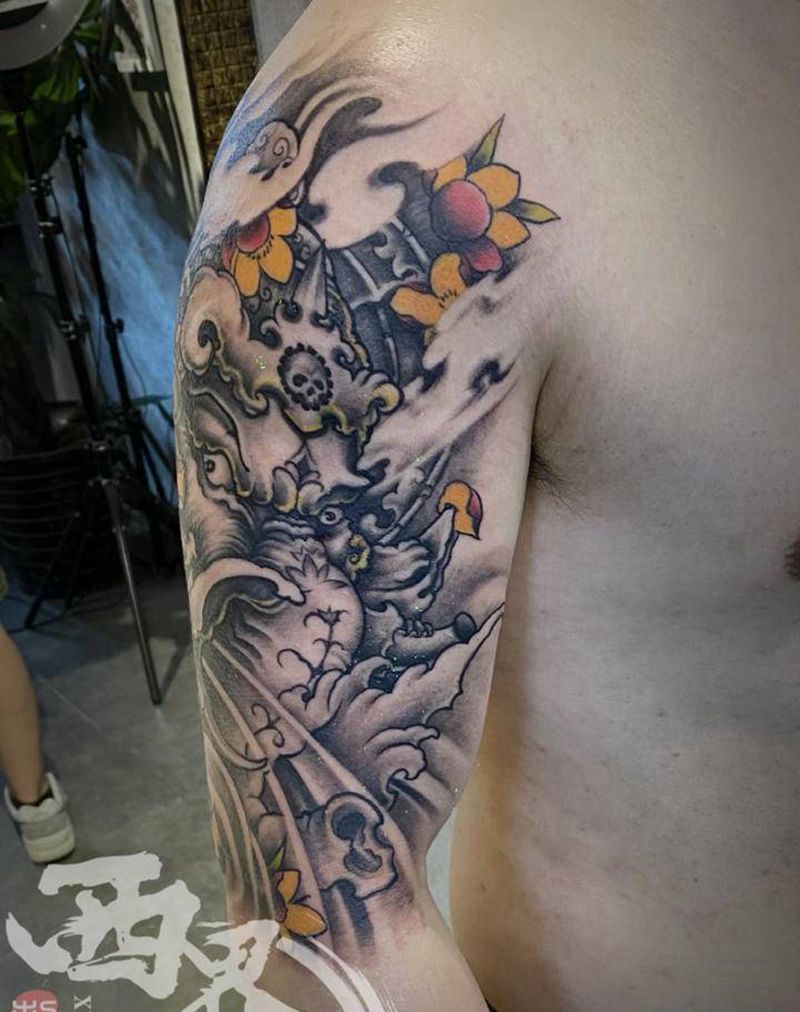 传统大臂象神纹身图片_手臂新传统老传统纹身图案