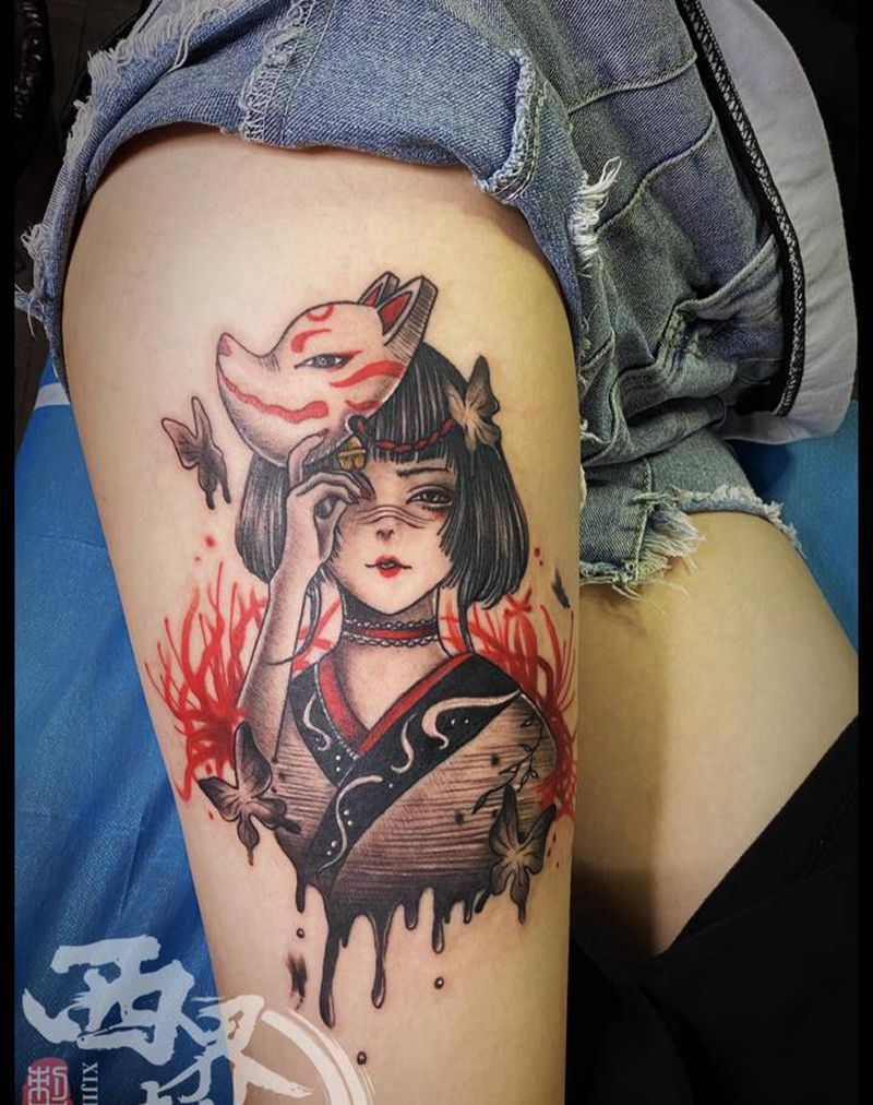 大腿狐面艺妓彼岸花纹身图片_腿部脚部新传统水彩纹身图案