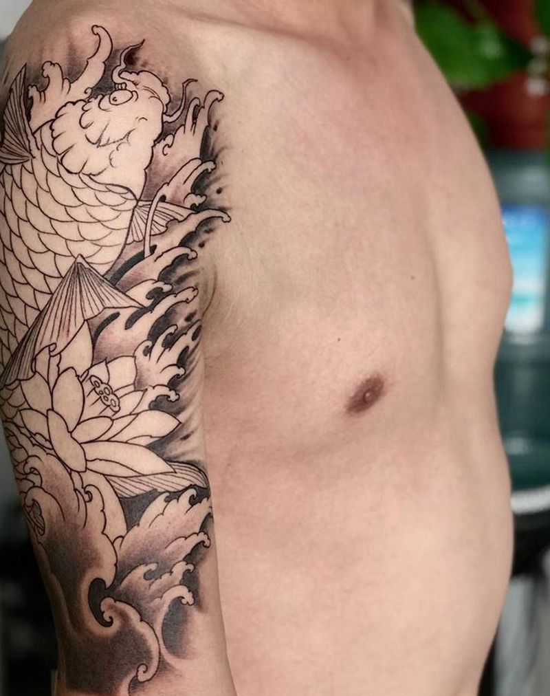 大臂鲤鱼，下次上色纹身图片_肩部新传统纹身图案