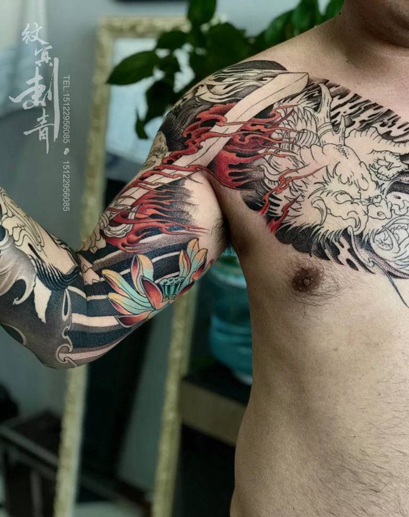 花臂半甲未完待续纹身图片_手臂新传统纹身图案