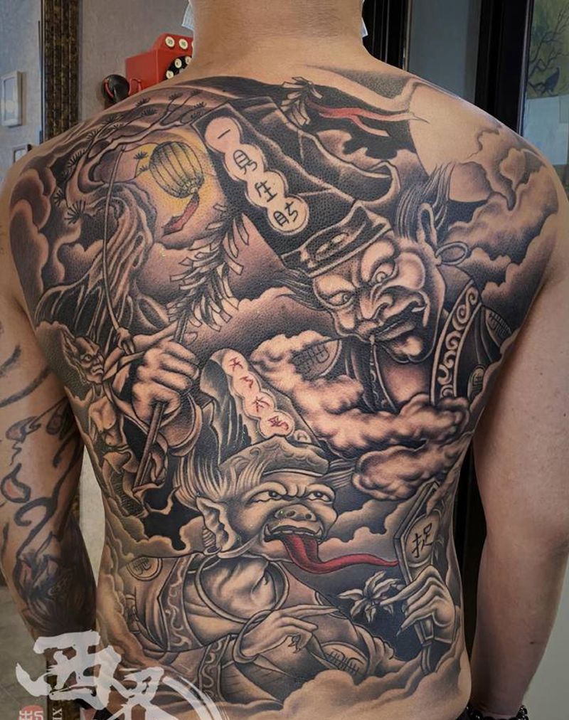 传统满背黑白无常纹身图片_肩部背部老传统新传统纹身图案