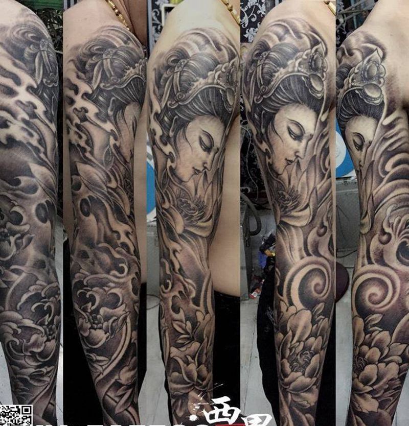 全程无痛花臂纹身图片_成品手臂传统习俗人物植物纹身图案
