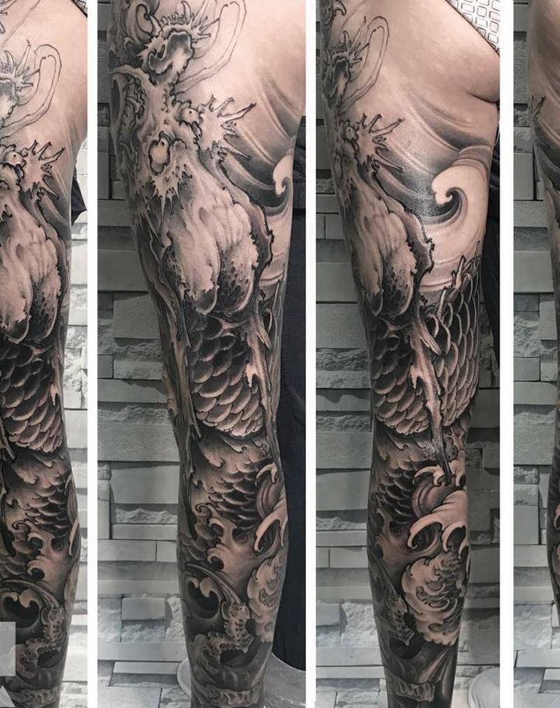 浪纹身图片_成品腿部传统纹身图案