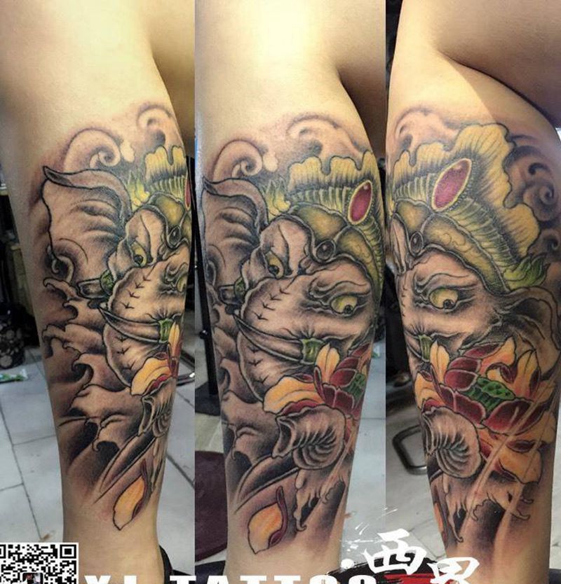 燕郊西界刺青纹身图片_成品腿部传统鬼神动物人物宗教纹身图案