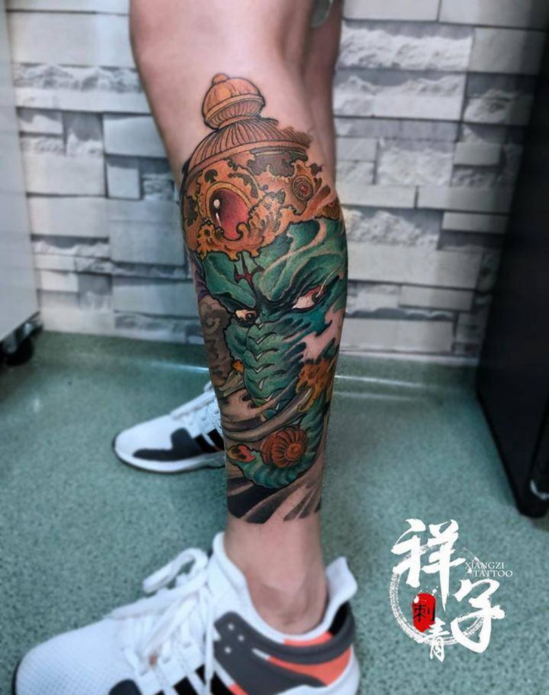 法天象地纹身图片_腿部新传统纹身图案