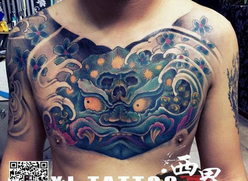 花胸纹身图片_成品胸部传统动物字符几何鬼神宗教原创图腾纹身图案