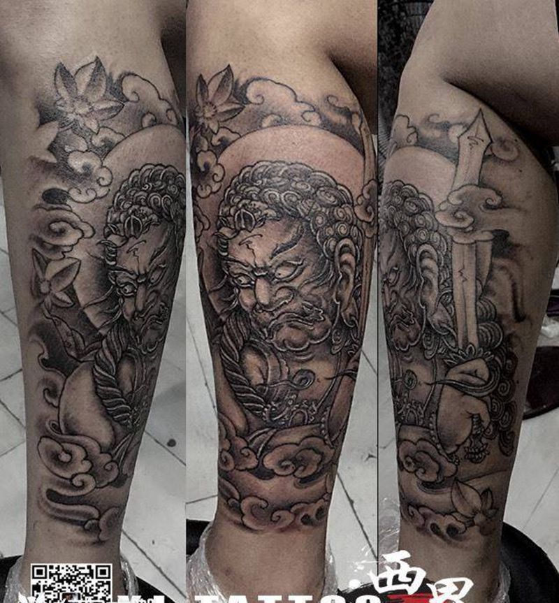 燕郊西界刺青纹身图片_成品腿部传统人物鬼神宗教纹身图案
