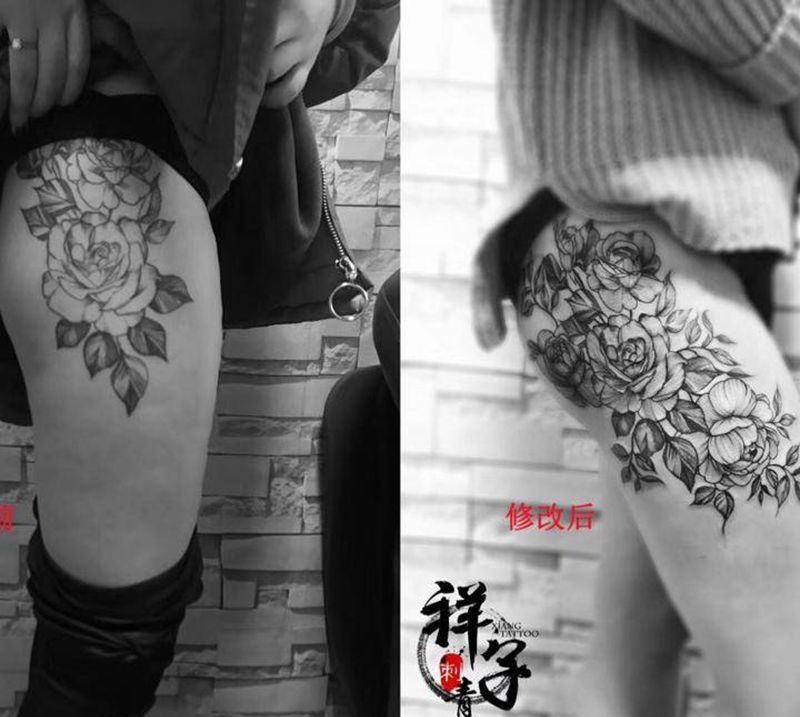 修改作品纹身图片_成品臀部腿部清新植物纹身图案