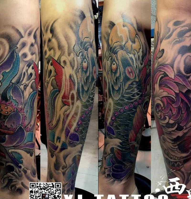 彩色包小腿纹身图片_成品腿部脚部传统习俗写实动物静物植物原创纹身图案