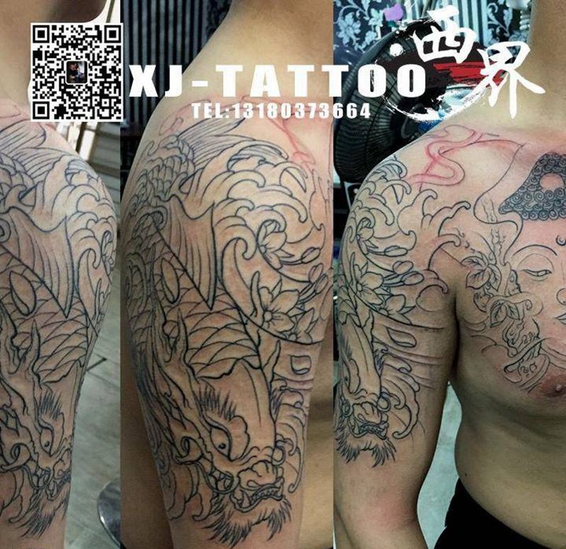 半甲割线纹身图片_成品胸部手臂传统习俗写实几何人物鬼神动物纹身图案