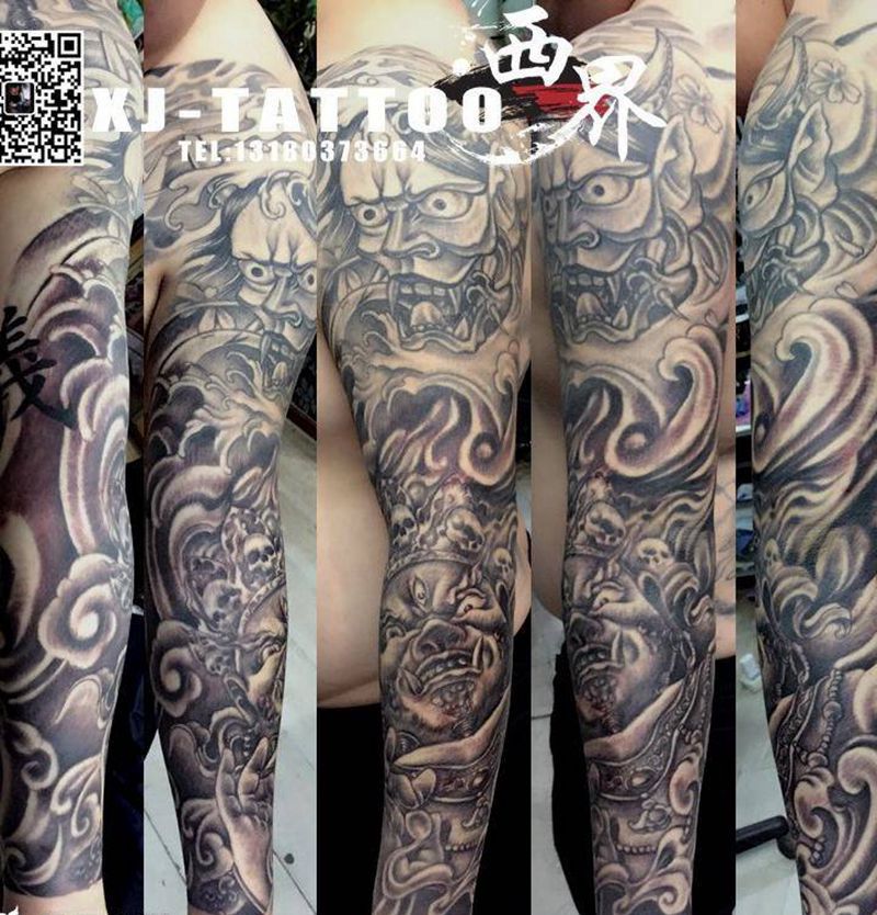 接花臂纹身图片_成品手臂传统人物鬼神纹身图案