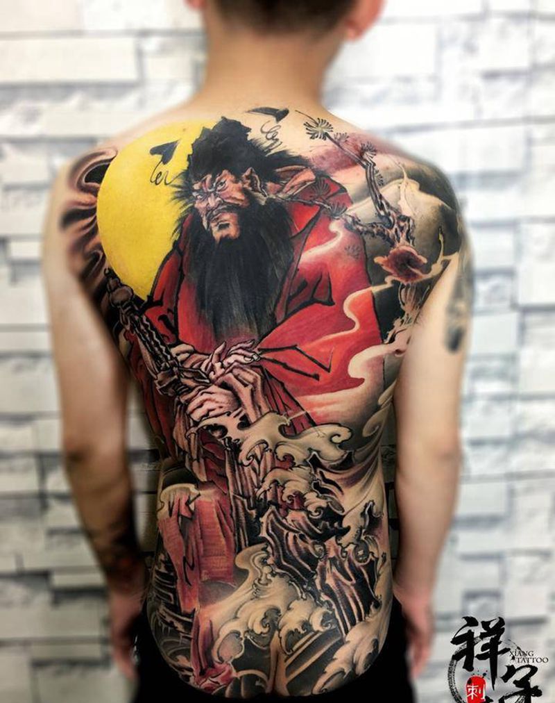 钟馗纹身图片_成品背部国画鬼神人物宗教纹身图案
