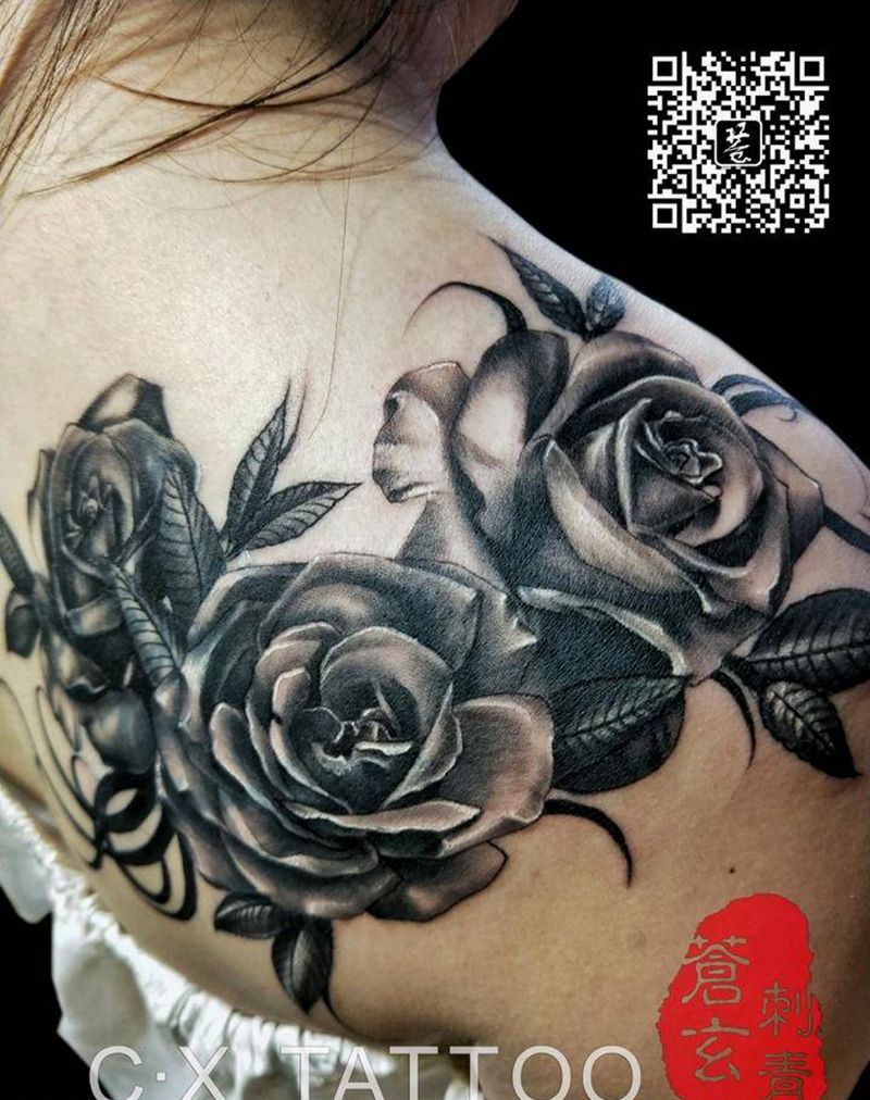 遮盖 玫瑰纹身图片_胸部腹部背部手臂欧美传统清新写实原创成品纹身图案