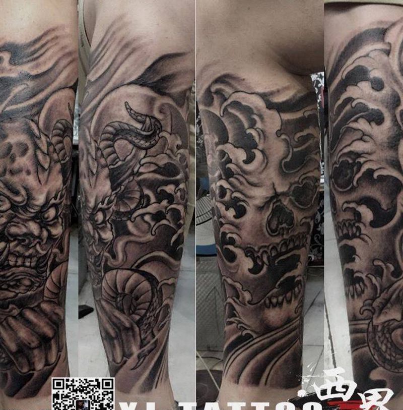 包小腿纹身图片_成品腿部传统写实人物鬼神植物宗教纹身图案