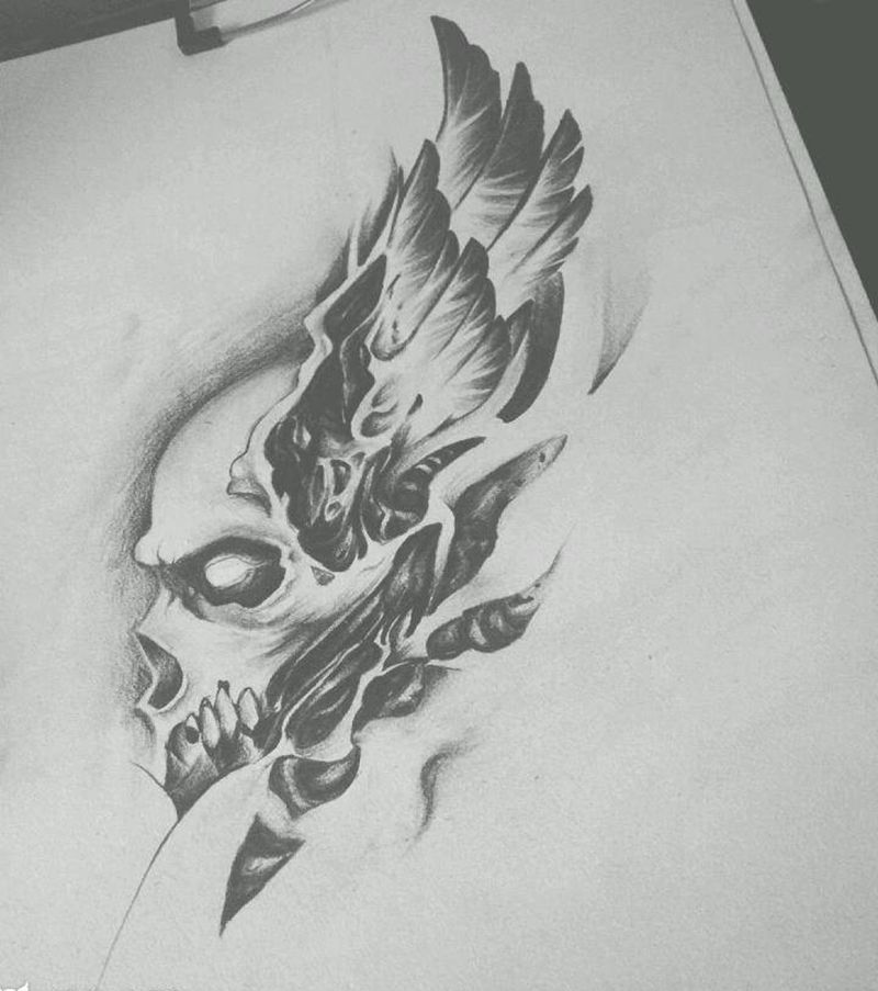 欧美纹身图片_胸部腰部欧美写实New School骷髅臂膀纹身图案