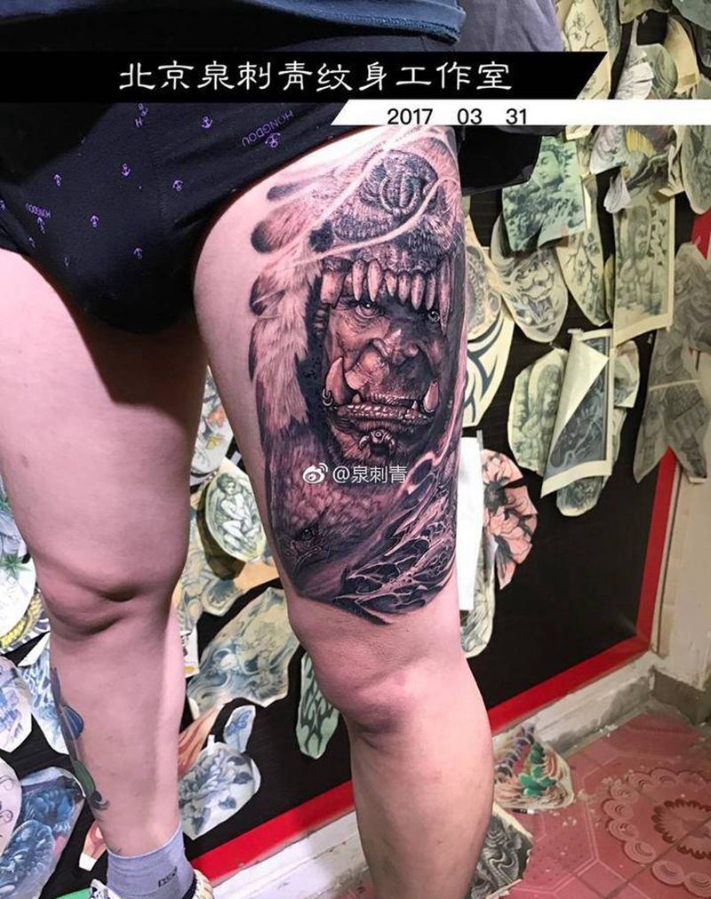 魔兽世界纹身图片_成品腿部欧美写实动物鬼神纹身图案