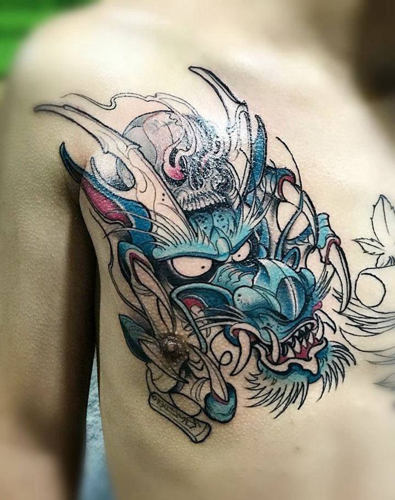 龙头纹身图片_胸部欧美动物鬼神纹身图案