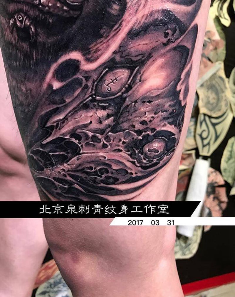 花腿局部纹身图片_成品腿部欧美写实动物鬼神人物原创纹身图案