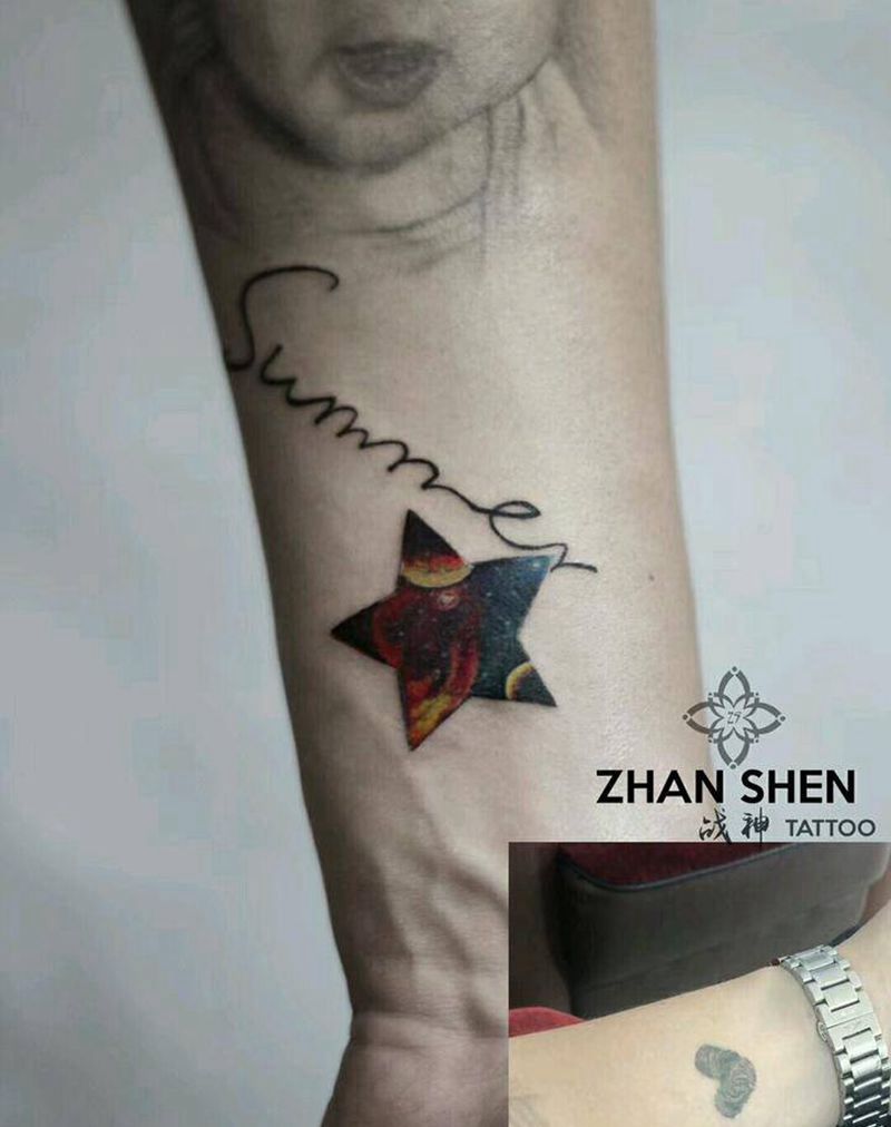星空遮盖纹身图片_手部手臂水墨点刺六芒星五角星星空纹身图案