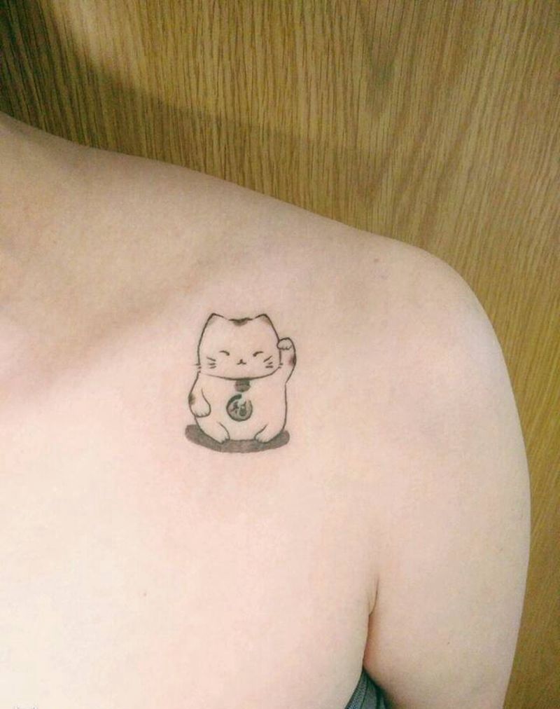 小招财猫纹身图片_胸部腹部手臂腿部手部欧美清新动物宗教成品纹身图案