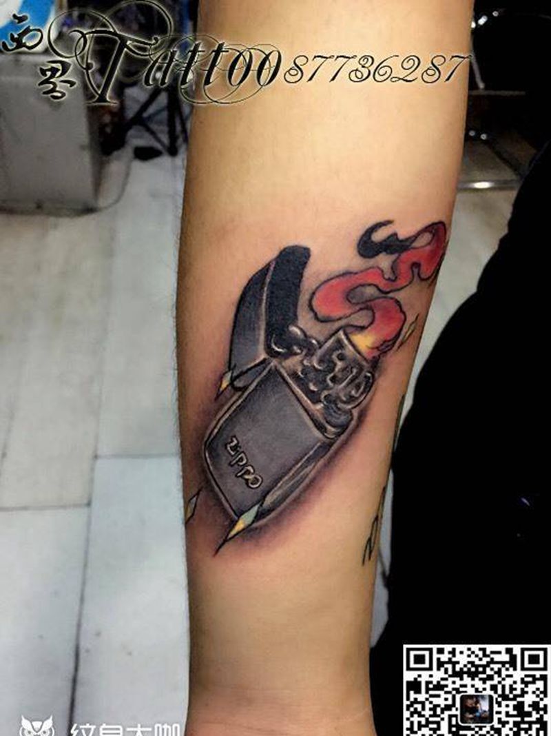 打火机纹身图片_成品手臂欧美贴纸几何纹身图案