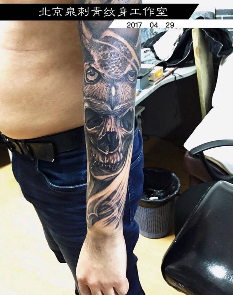 花臂纹身图片_成品手臂写实欧美动物肖像纹身图案