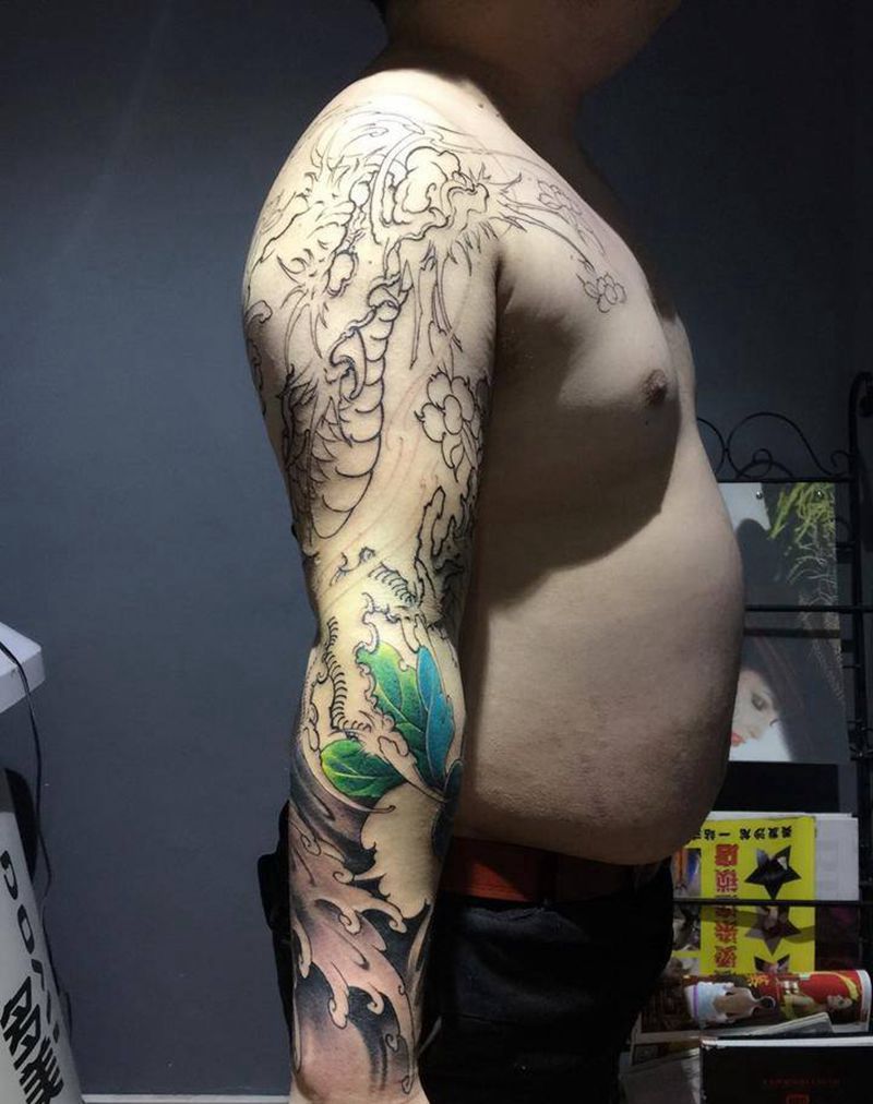 龙-牡丹花臂（彩色）纹身图片