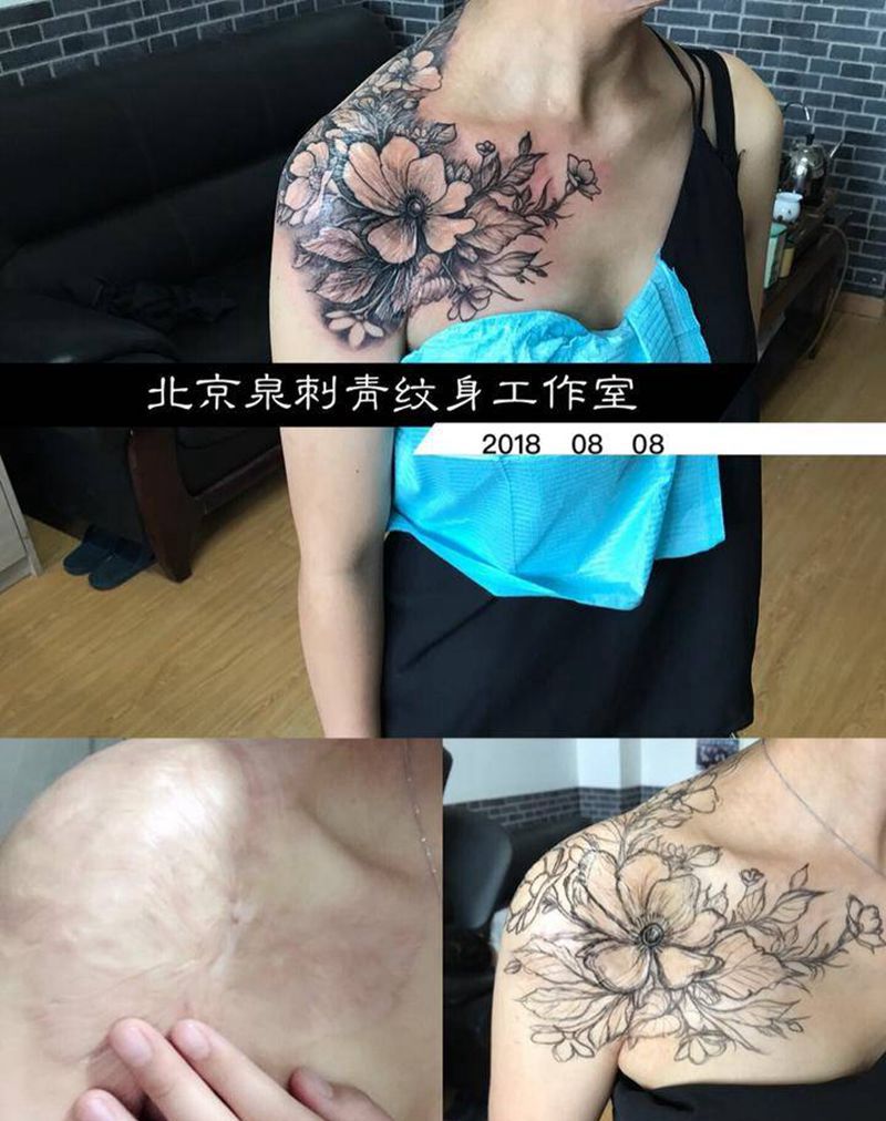 遮盖疤痕纹身图片_肩部胸部欧美写实纹身图案