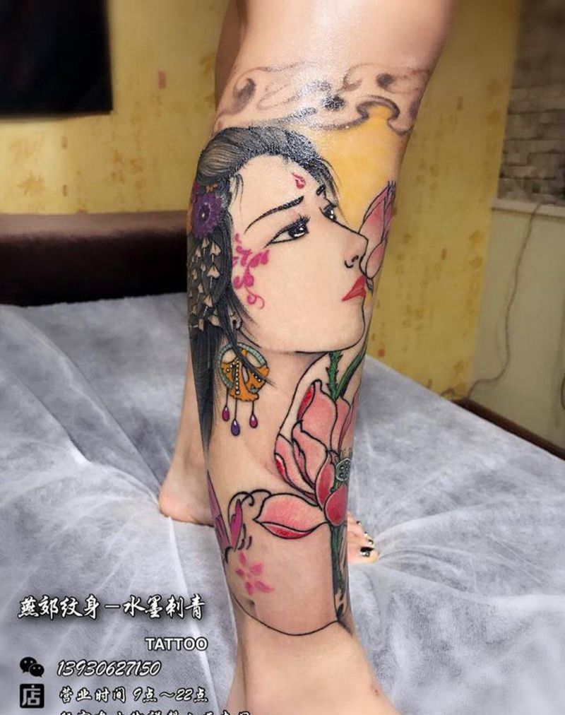 艺伎包小腿纹身图片_成品腿部传统清新人物植物静物原创水墨环境纹身图案