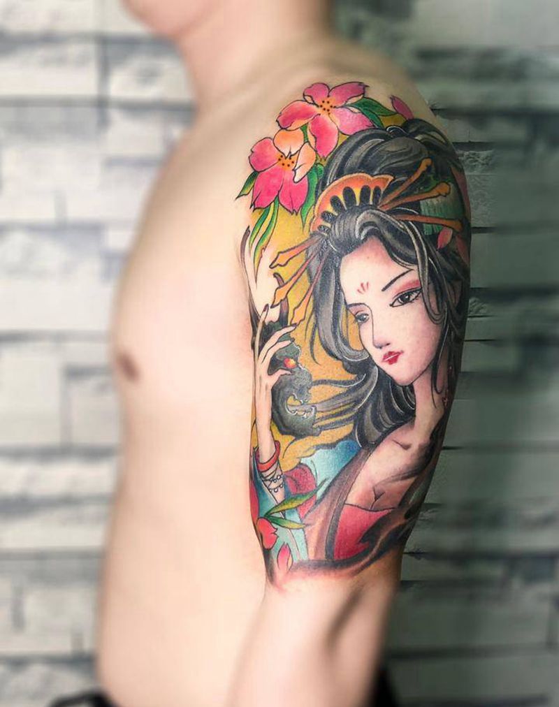 妖娆纹身图片_成品手臂传统人物静物纹身图案