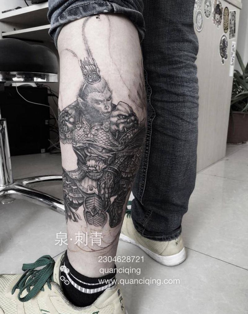 大圣孙悟空降龙纹身图片_成品腿部写实鬼神纹身图案