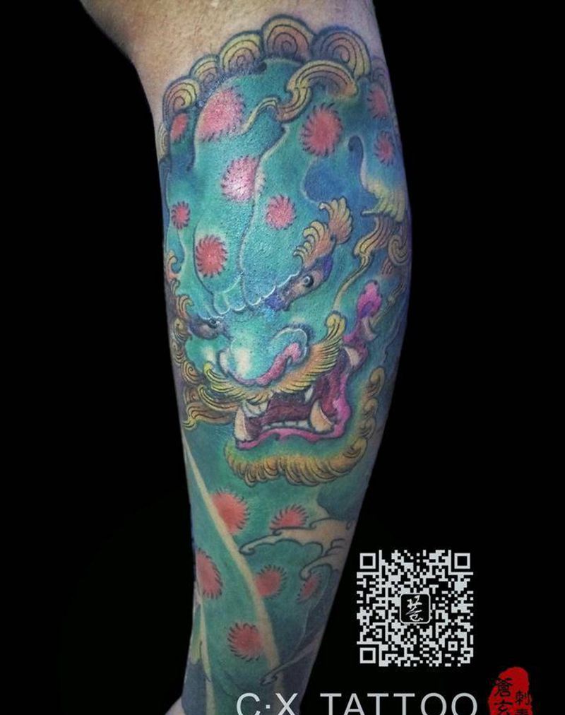 唐狮配牡丹纹身图片_腰部背部手臂腿部传统习俗清新国画鬼神成品纹身图案