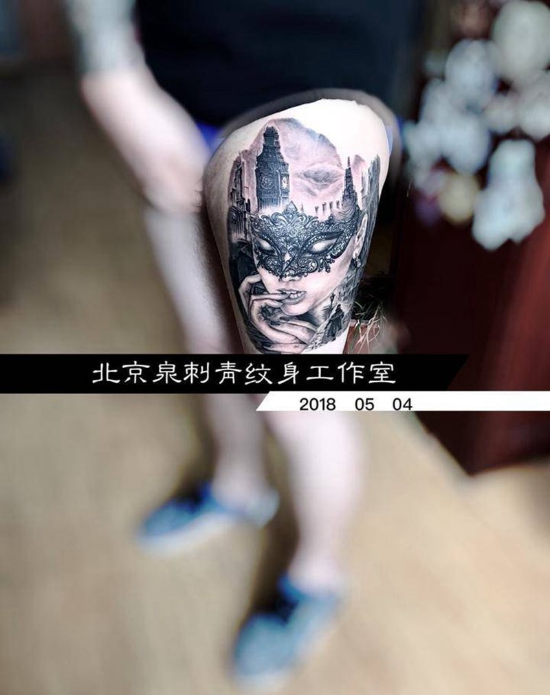 夜莺纹身图片_腿部欧美写实纹身图案