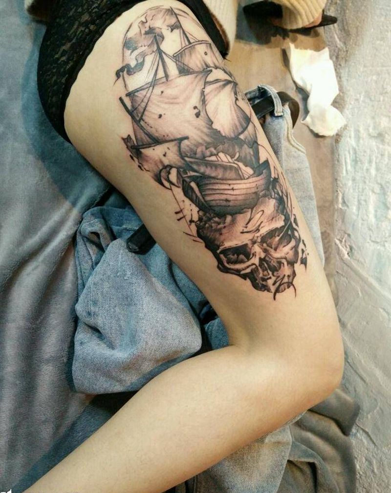 帆船纹身图片_腿部欧美几何静物原创成品纹身图案