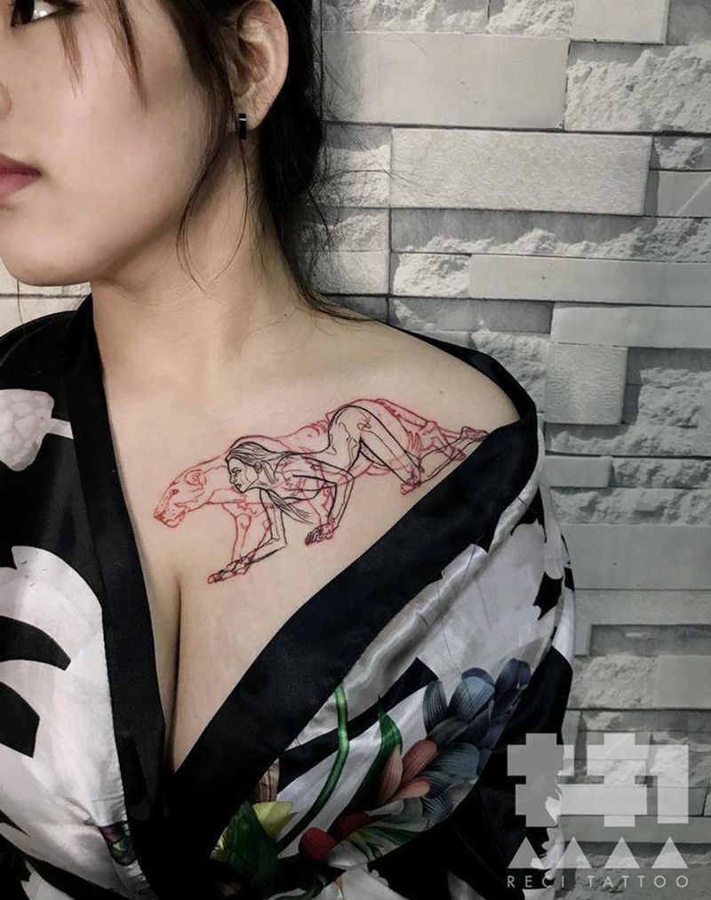 走兽纹身图片_成品胸部颈部肩部清新动物人物视觉纹身图案