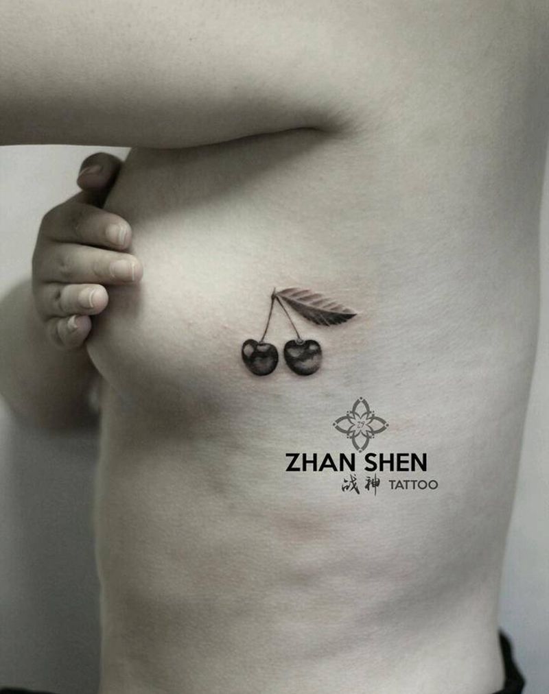 樱桃纹身图片_臀部胸部欧美写实点刺樱桃水果性感纹身图案