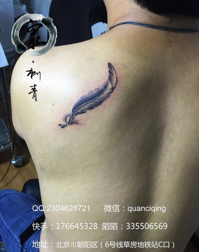 羽毛纹身图片_情侣动物写实清新传统背部成品纹身图案