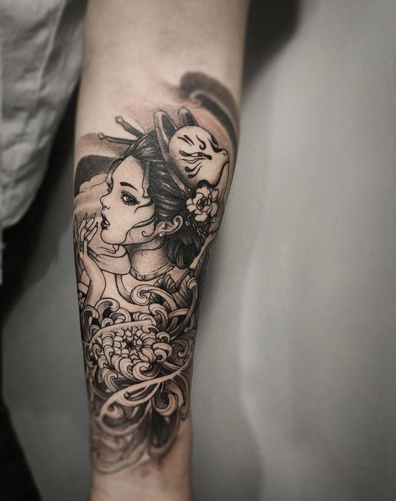 艺伎纹身图片_手部手臂新传统欧美写实艺伎花旦纹身图案