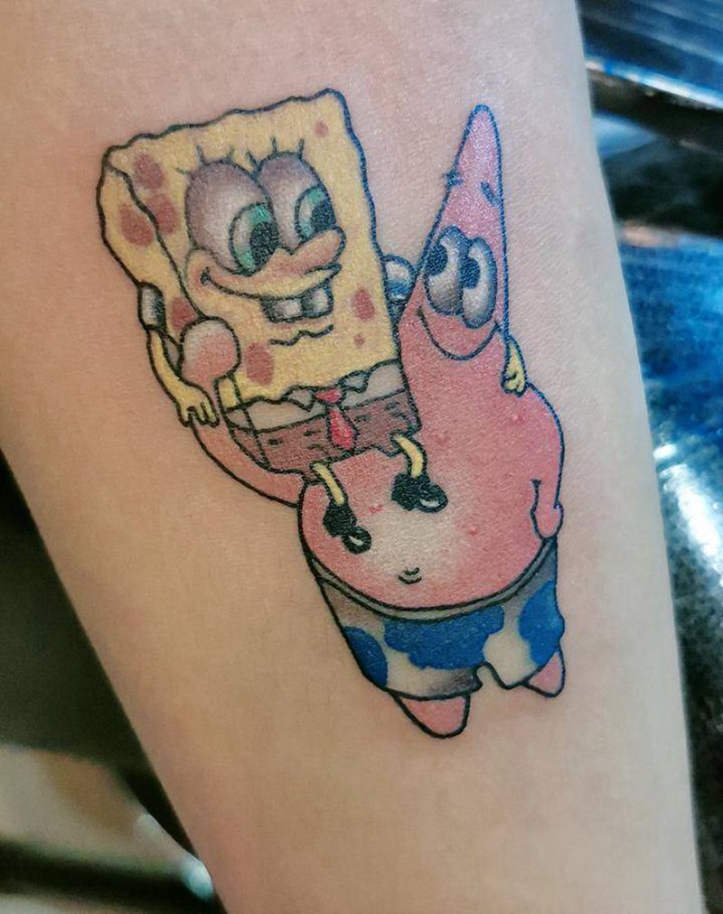 派大星海绵宝宝纹身图片_肩部欧美写实纹身图案