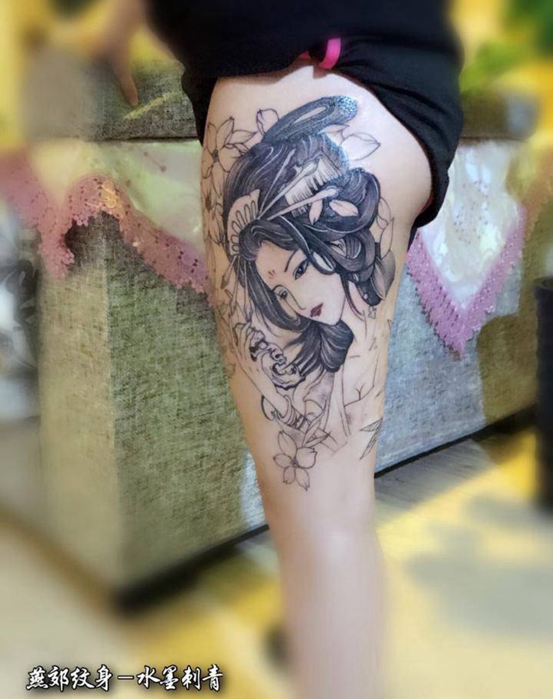 艺伎纹身图片_臀部腿部传统人物纹身图案